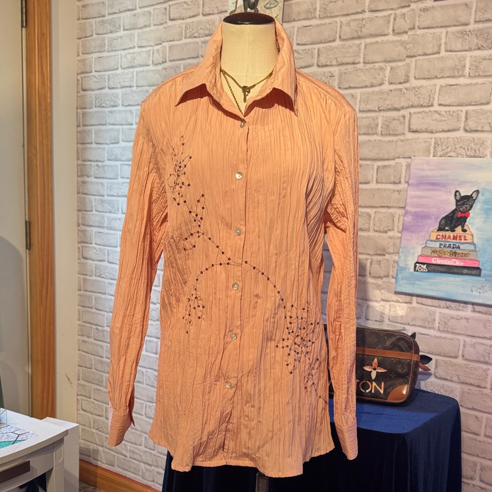 Peach Crinkle Blouse 1X Beaded Detail Lightweight Button Down